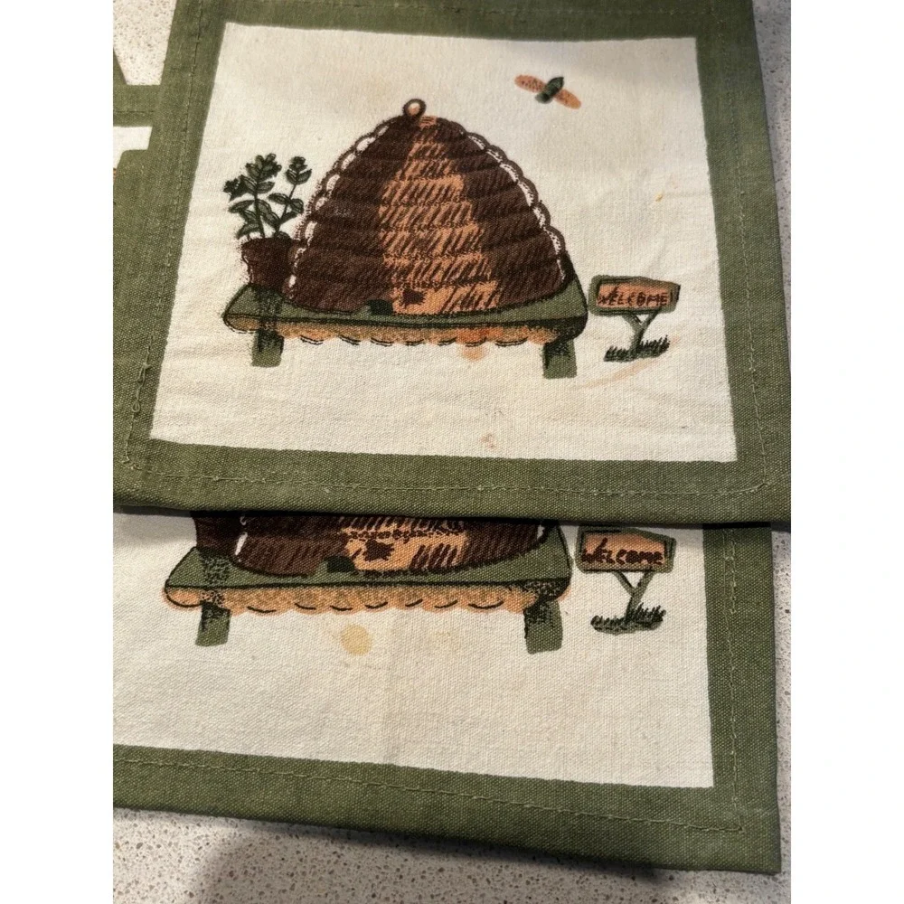 Vintage Pfalzgraff Beehive Cloth Coasters Set of 8 Sage Green Cream Bee 6x6
